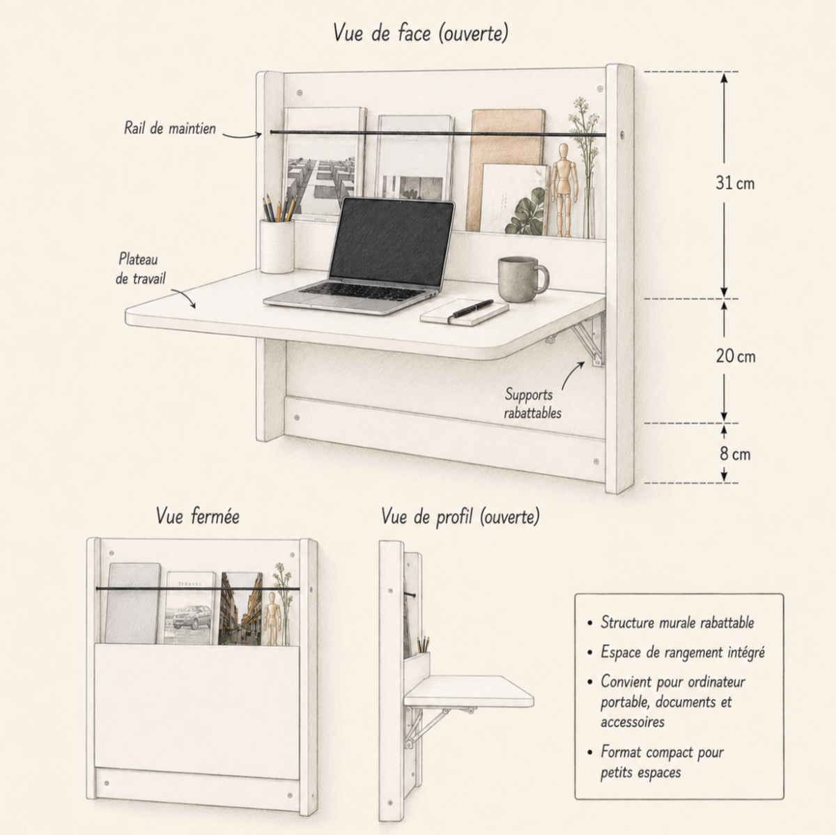 Le Studieux - Bureau mural rabattable