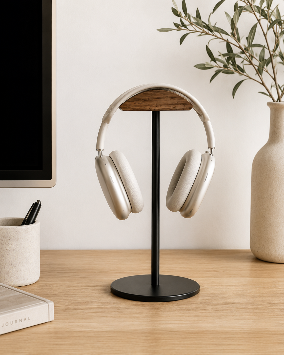 L’Écrin – Support casque bois & métal noir