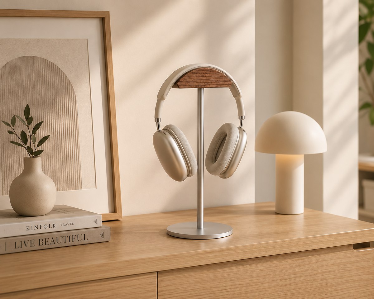 L’Écrin – Support casque bois & métal argent