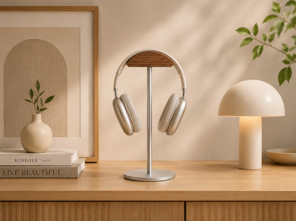 L’Écrin – Support casque bois & métal argent