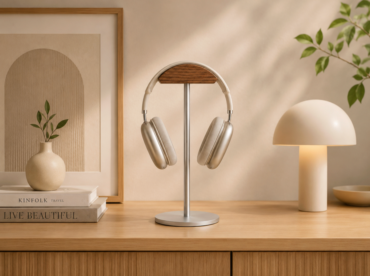 L’Écrin – Support casque bois & métal argent