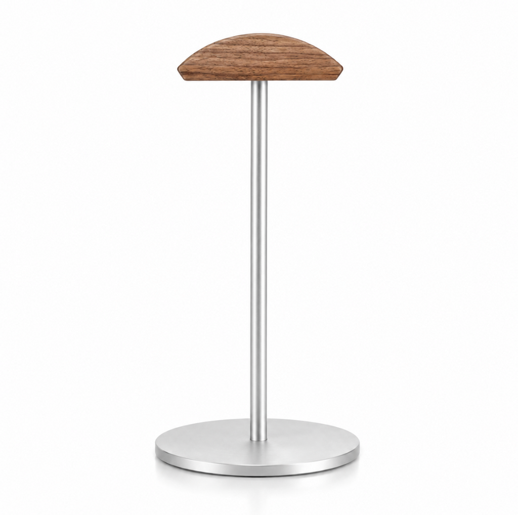 L’Écrin – Support casque bois & métal argent