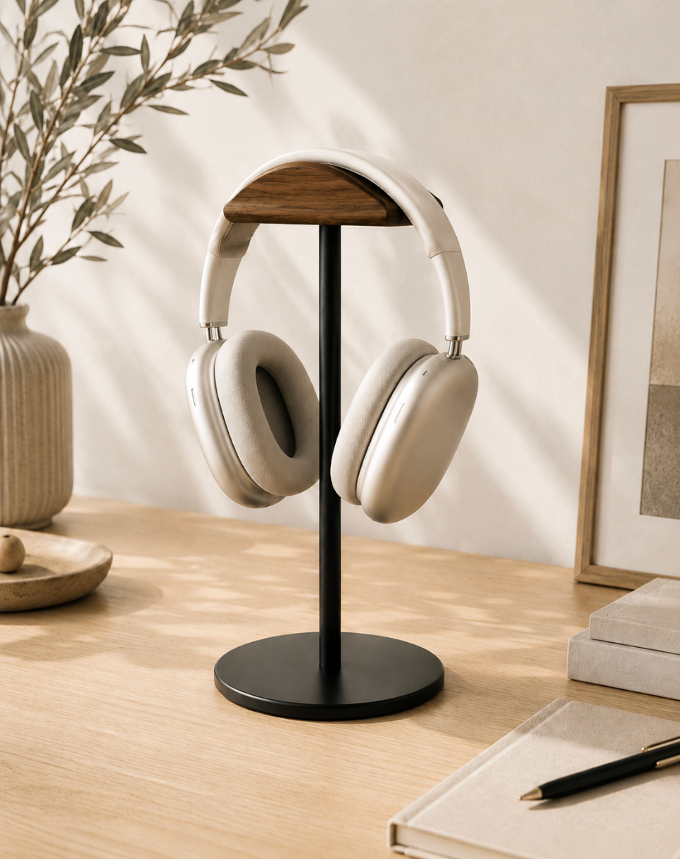 L’Écrin – Support casque bois & métal noir